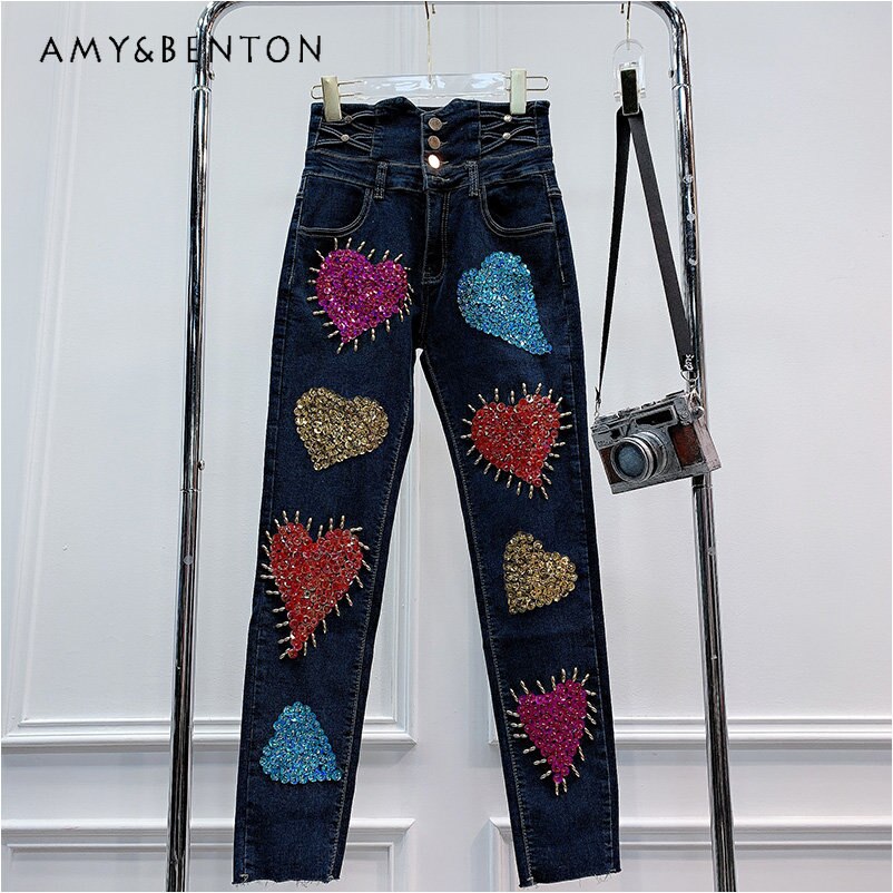 Autumn and Winter New Heavy Industry Rhinestone Sequined Flower Slim Fit Skinny Jeans for Women Casual Denim Pants f